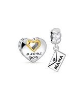 Bling Jewelry Set of 2 Envelope Heart Mama Dangle & Open Heart-Shape I Love You Bead Charm Gold Plated Silver
