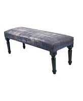 47" Blue And Cream Abstract Design Blue Leg Upholstered Bench