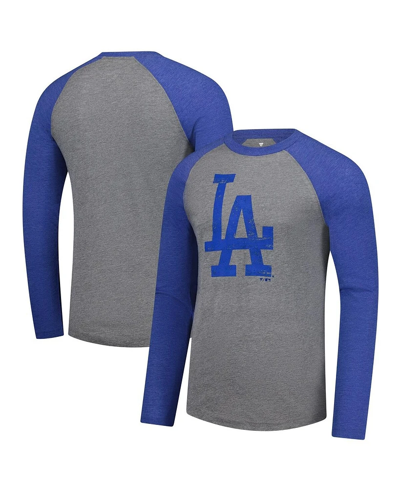 Fanatics Men's Heather Gray/Heather Royal Los Angeles Dodgers Weathered Logo Tri-Blend Raglan Long Sleeve T-Shirt