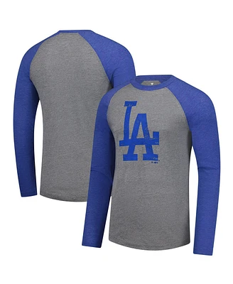 Fanatics Men's Heather Gray/Heather Royal Los Angeles Dodgers Weathered Logo Tri-Blend Raglan Long Sleeve T-Shirt