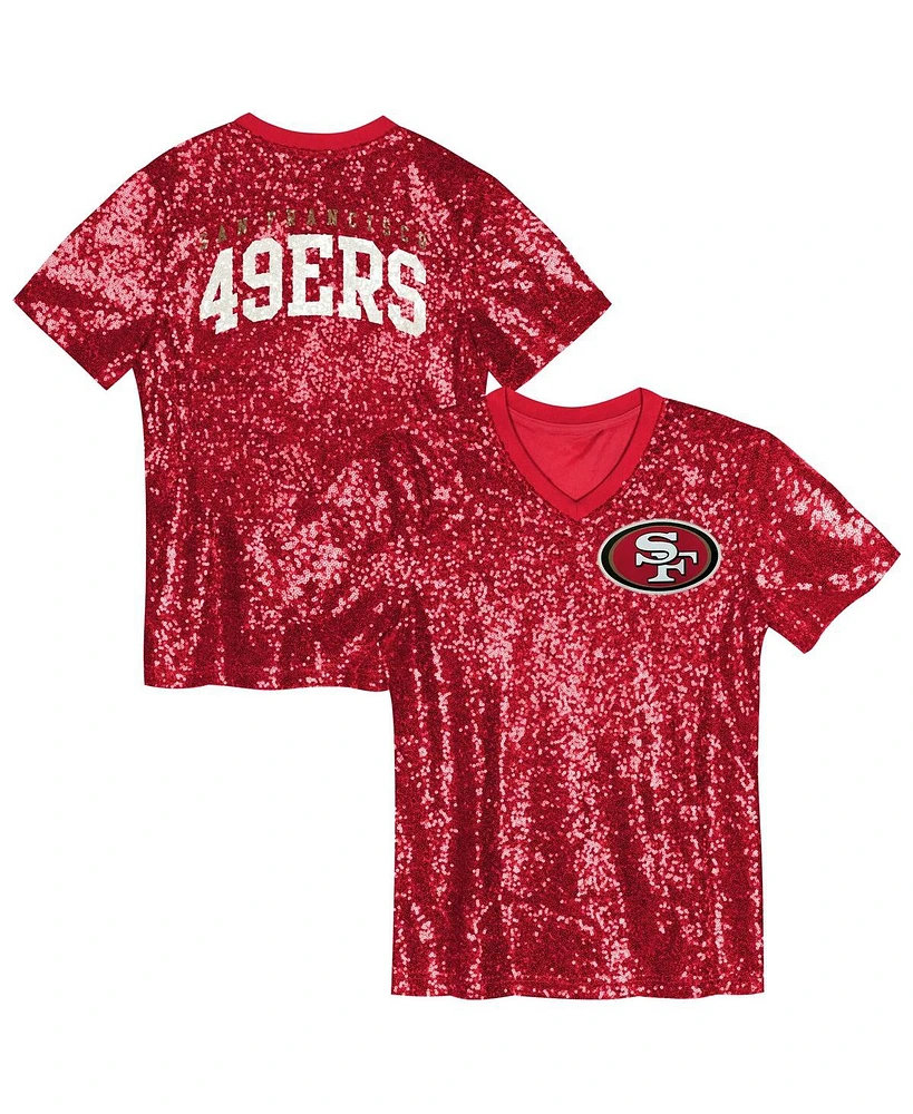 Outerstuff Big Girls Scarlet San Francisco 49ers Wordmark Sequin V-Neck T-Shirt