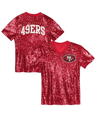 Outerstuff Big Girls Scarlet San Francisco 49ers Wordmark Sequin V-Neck T-Shirt