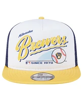New Era Men's White/Gold Milwaukee Brewers Retro Script Trucker 9FIFTY Snapback Hat