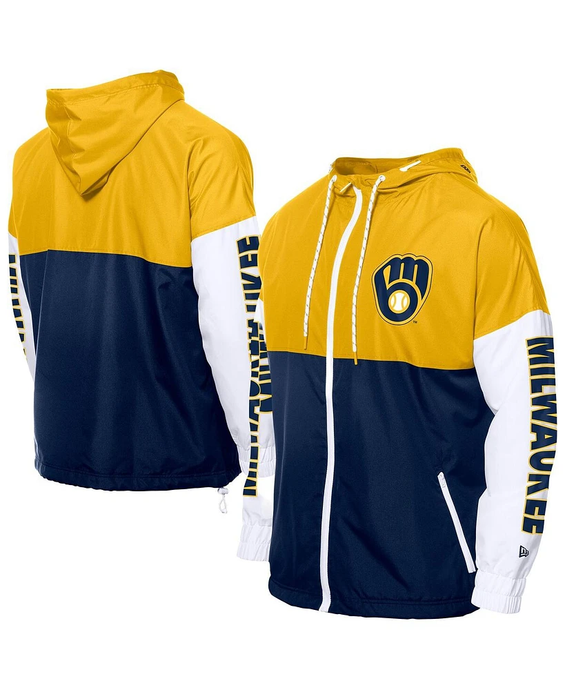 New Era Men's Navy/Gold Milwaukee Brewers Color Block Full-Zip Hoodie Windbreaker Jacket