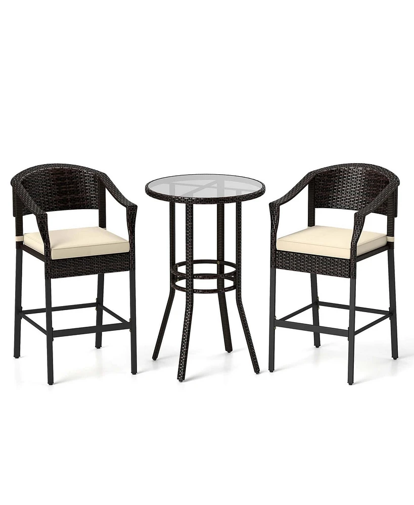 3 Pcs Patio Rattan Bar Set Wicker Armchairs & Round Table with Tempered Glass Top