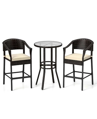 3 Pcs Patio Rattan Bar Set Wicker Armchairs & Round Table with Tempered Glass Top