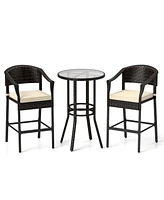 3 Pcs Patio Rattan Bar Set Wicker Armchairs & Round Table with Tempered Glass Top