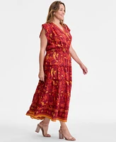 Vince Camuto Plus Printed Smocked-Waist Flutter-Sleeve Maxi Dress