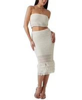 Guess Womens Luca Pointelle Strapless Tube Top Pointelle Fringed Hem Midi Skirt