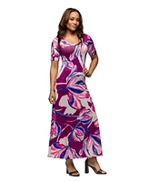 24seven Comfort Apparel Women's Purple Floral Print Elbow Sleeve Casual A Line Maxi Dress