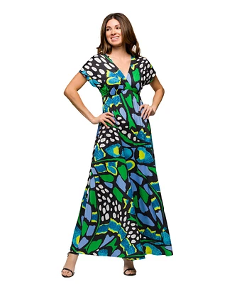 24seven Comfort Apparel Women's V Neck Empire Waist Cap Sleeve Maxi Dress
