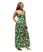 24seven Comfort Apparel Women's Green Print A Line Strapless Maxi Dress with Pockets