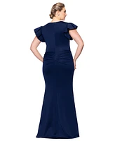Xscape Plus Gathered-Waist Flutter-Sleeve Evening Gown