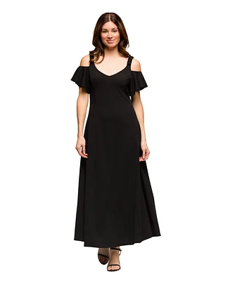 24seven Comfort Apparel Women's Cold Sholder Ruffle Sleeve A Line Maxi Dress