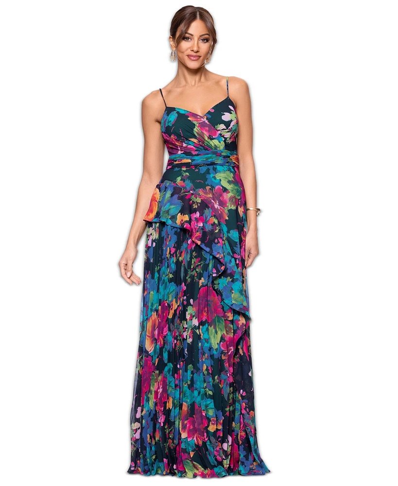 Xscape Women's Floral-Print Sweetheart-Neck Gown