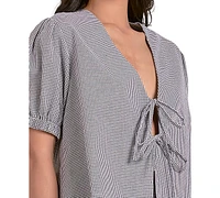 Elan Women's Gingham Tie-Front Puff-Sleeve Top