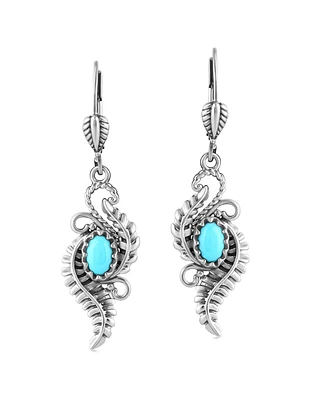 Sterling Silver Sleeping Beauty Turquoise Vine and Leaf Dangle Earrings