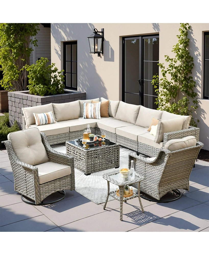 Xizzi 10 Piece Outdoor Patio Furniture with Swivel Rocking Chairs,All Weather Rattan Wicker Sectional Coversation Set Solar Coffee Table, Single