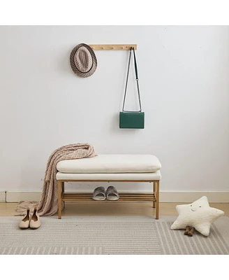 Modern Upholstered End of Bed Bench with Metal Legs and Storage Shelf Versatile Shoe Rack Ottoman for Entryway Bedroom Living Room Window or Hallway-T
