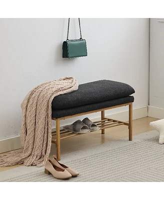 Modern Upholstered End of Bed Bench with Metal Legs and Storage Shelf Versatile Shoe Rack Ottoman for Entryway Bedroom Living Room Window or Hallway-T