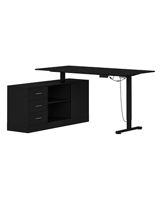 63 in. Width L-Shape Black Wooden 3-Drawer Computer Desk with Adjustable Height, Open Shelves & A Door Storage Cabinet