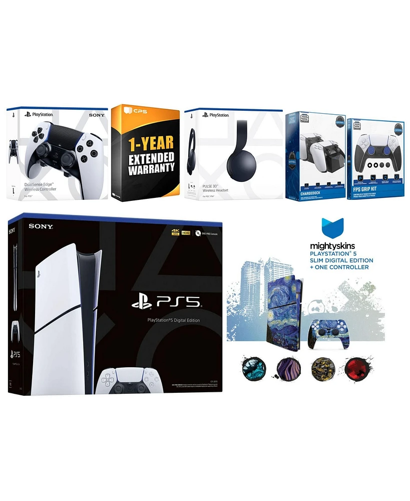Sony Playstation 5 Slim Digital with Black Pulse Headset, Extra Edge Controller, Fps Grip Kit, Charge Dock and MightySkins Decal Voucher + 1 Year Cps