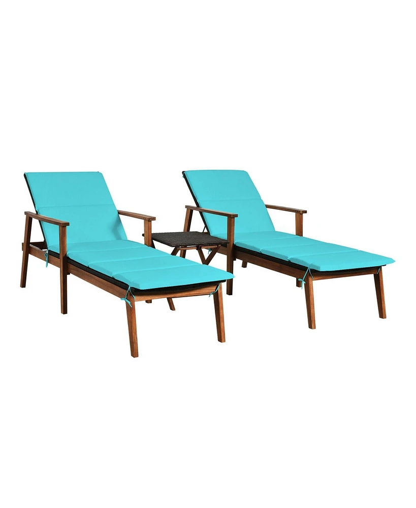 Outdoor 3-Piece Cushioned Rattan Lounge Chair Set – Portable Patio Furniture with Folding Table
