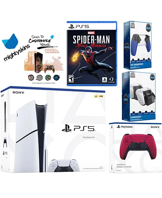 Sony Playstation 5 Slim Disc Bundle with Spider-Man: Miles Morales, Extra Nova Pink Controller, Trigger Stop Kit, Dual Charge Dock and MightySkins Dec