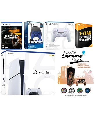 Sony Playstation 5 Slim Disc with Call of Duty Black Ops 6, Extra Gray Camo Controller, Gamer Starter Pack and MightySkins Voucher + 1 Year Cps Extend