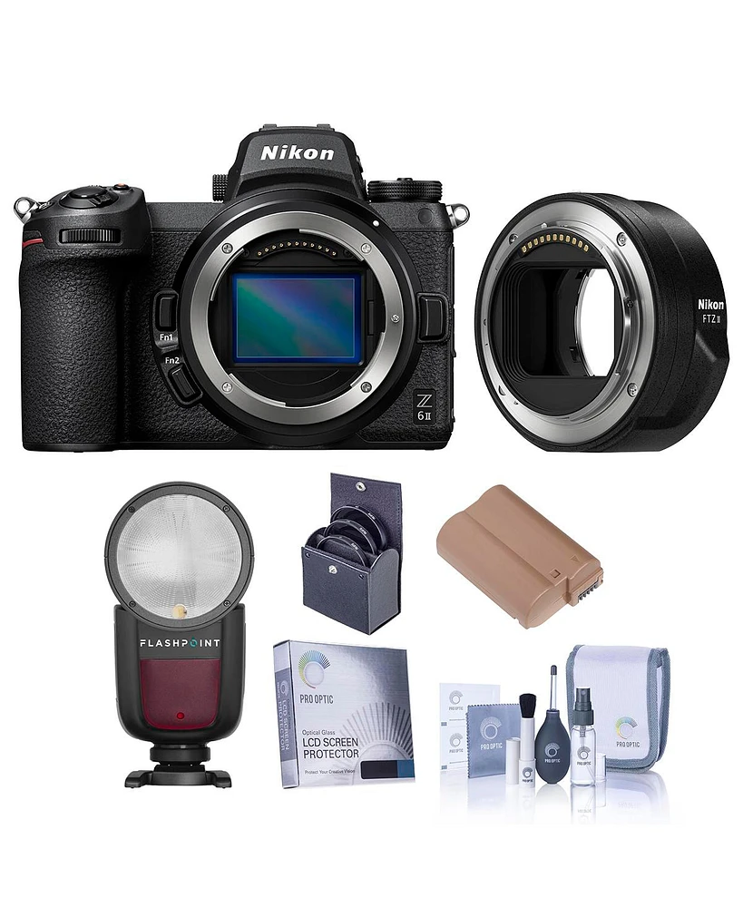 Nikon Z 6II Mirrorless Digital Camera with Mount Adapter Ftz II, Bundle with Zoom Li-on X R2 Ttl On-Camera Round Flash Speedlight, Extra Battery, Scre
