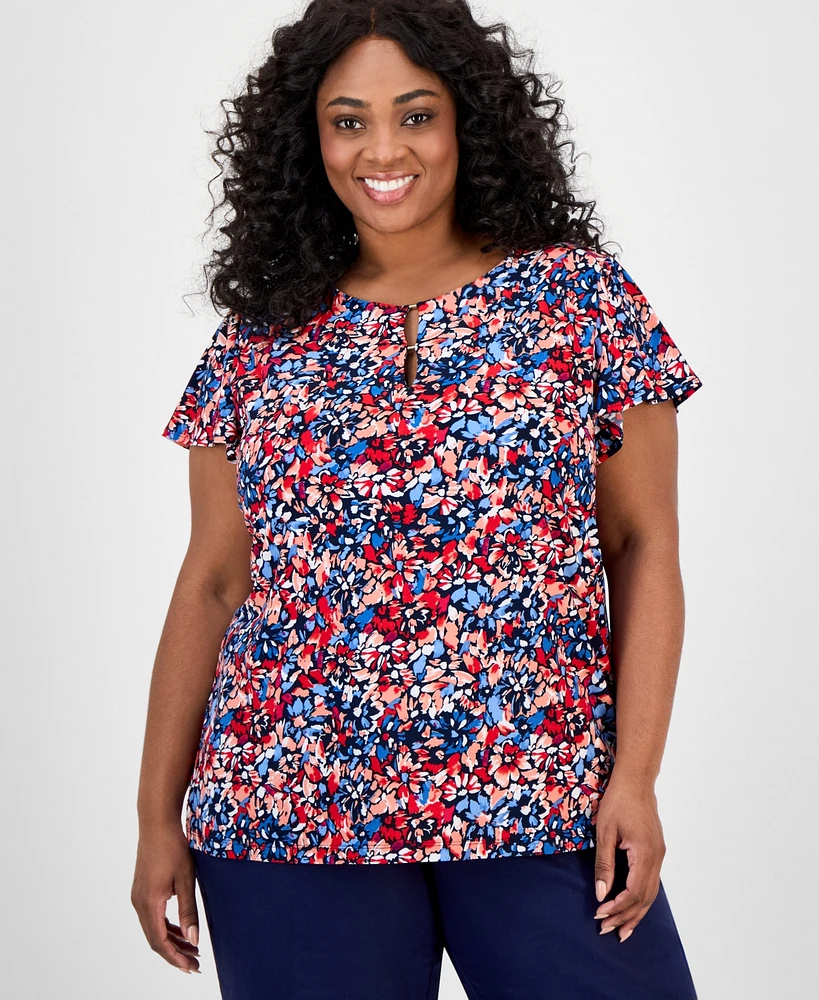 Jones New York Plus Printed Keyhole Top
