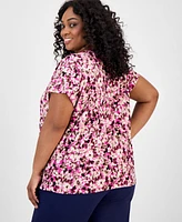 Jones New York Plus Floral-Print Keyhole Top