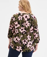 Jones New York Plus Floral-Print 3/4-Sleeve Top