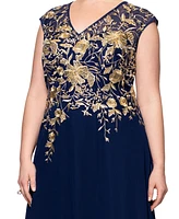 Betsy & Adam Plus Metallic-Embroidered A-Line Gown
