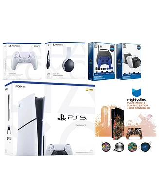 Sony Playstation 5 Slim Disc with White Pulse Headset, Extra Cosmic Red Controller, Gamer Kit, Charge Dock and MightySkins Decal Voucher + 1 Year Cps