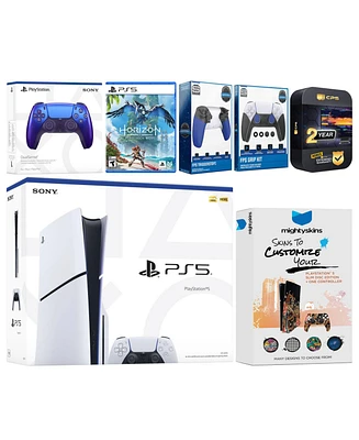 Sony Playstation 5 Slim Disc with Horizon Forbidden West, Extra Chroma Indigo Controller, Trigger Stop Kit, Fps Grip Kit and MightySkins Decal Voucher