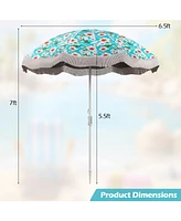 Beach Umbrella with Fringe Outdoor Tassel Push Button Tilt