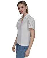 Karl Lagerfeld Paris Women's Mixed-Media Eyelet Knit Top