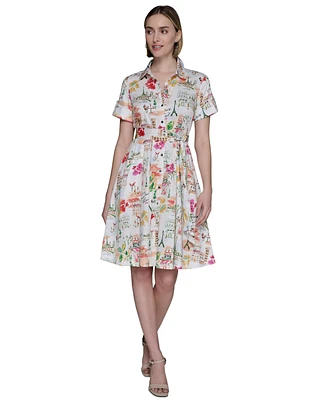 Karl Lagerfeld Paris Women's Printed Cotton A-Line Shirtdress