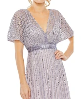Mac Duggal Women's A Line Embellished Short Sleeve Dress