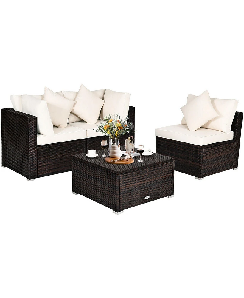 4PCS Patio Rattan Wicker Sofa Furniture Set Cushioned Conversation Ottoman Set