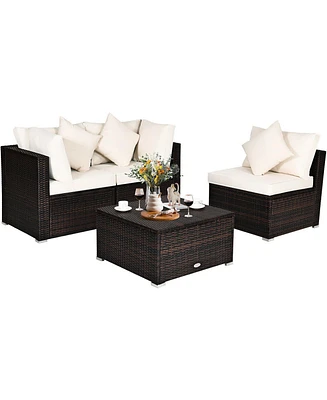 4PCS Patio Rattan Wicker Sofa Furniture Set Cushioned Conversation Ottoman Set