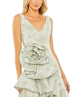 Mac Duggal Women's Rose Detail Asymmetrical Brocade Dress