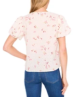 CeCe Women's Printed Eyelet Cotton Bubble Sleeve Blouse