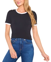 CeCe Women's Button-Shoulder Contrast-Trim T-Shirt