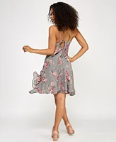 Juniors' Floral-Print Cowlneck A-Line Dress