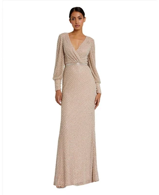 Mac Duggal Women's Wrap Over Bishop Sleeve Gown With Pearl Beading