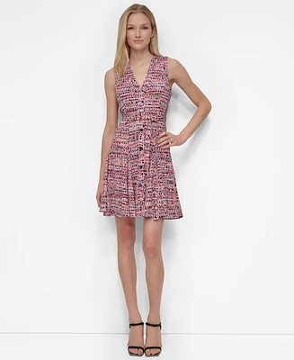 Dkny Women's Printed V-Neck Button-Front Belted Dress