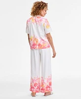 Jm Collection Womens Floral Linen Short Sleeve Top Floral Linen Wide Leg Pants Exclusively At Macys
