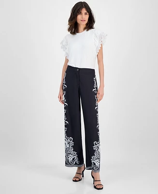 T Tahari Women's Wide-Leg Leaf-Print Straight-Leg Pants